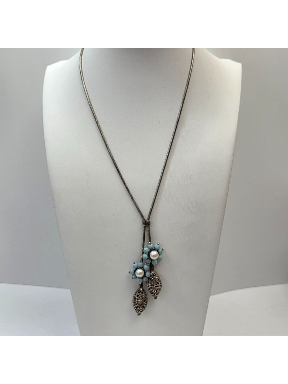 Vintage Antigua 925 Silver Turquoise & Pearl Lariat Necklace